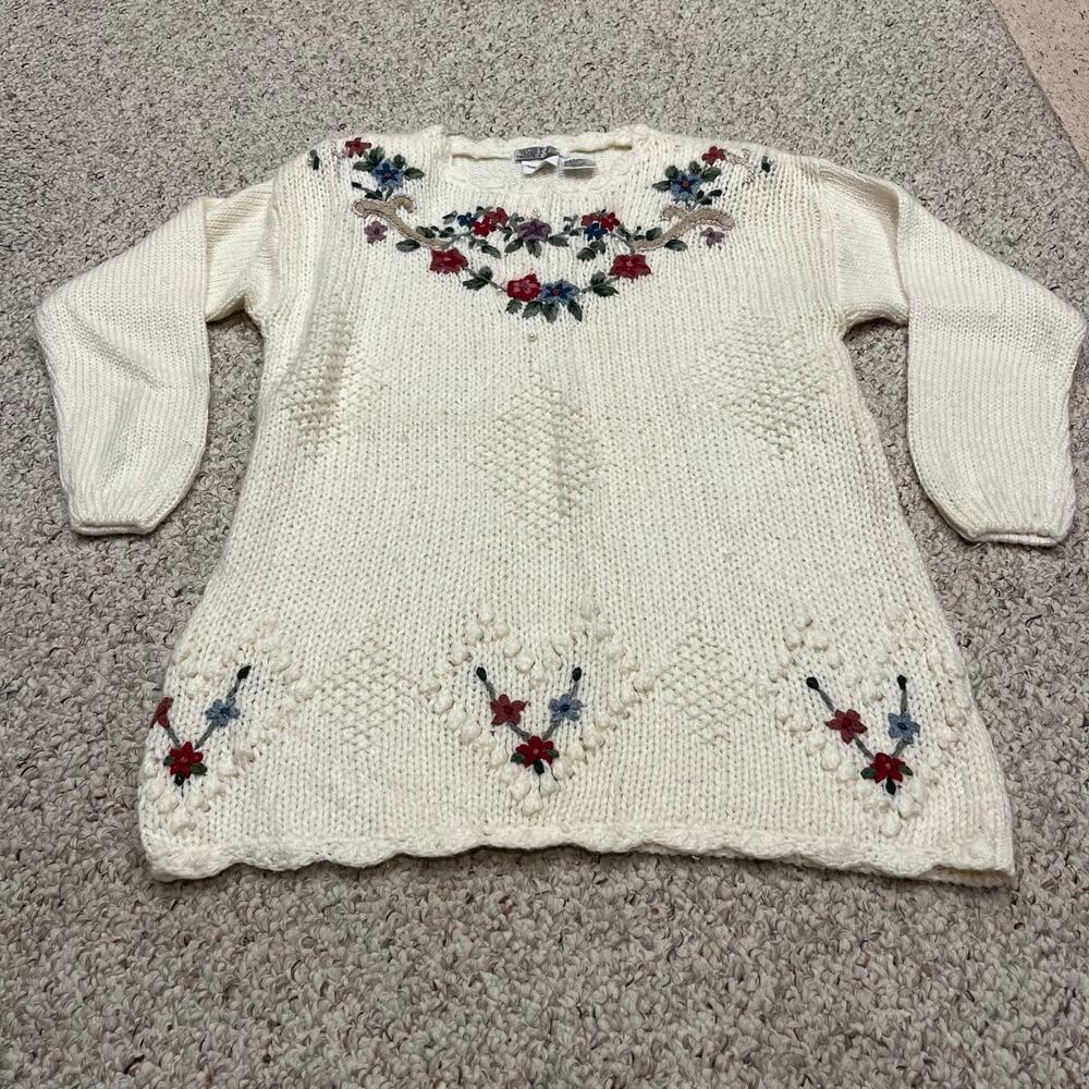 Bobbie Brooks Vintage Chunky Knit Embroidered Sweater Sz S Floral Cream Cottage